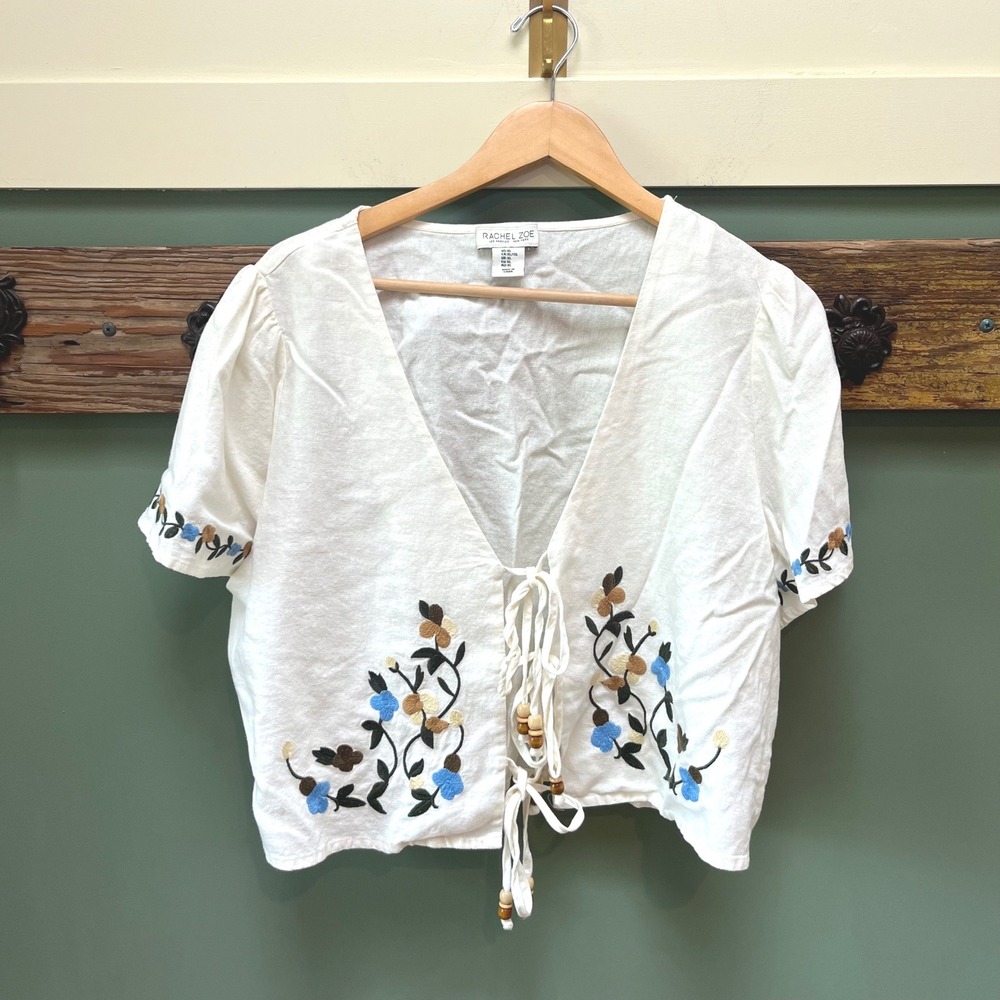 Rachel Zoe Womens XL White Linen Blend Floral Embroidered Tie Front Crop Top